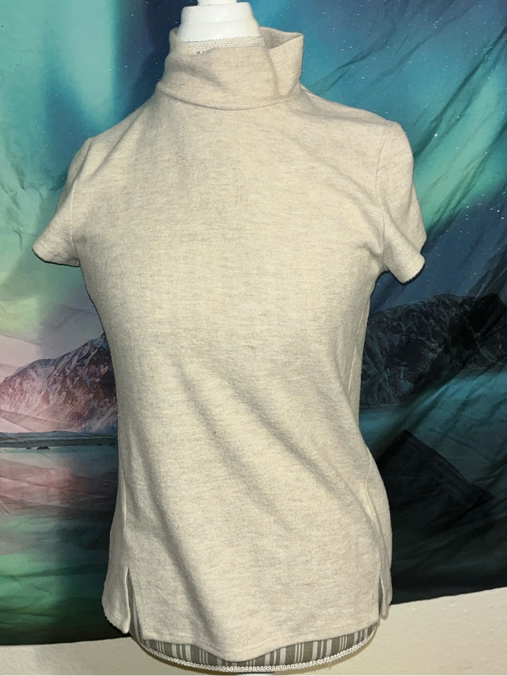 Byblos Short-Sleeve Mock Neck Top in Light Beige